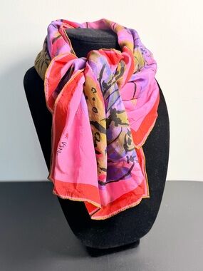 Vera Neumann Bright Pink Floral and Pineapple Print Lightweight Women's Scarf